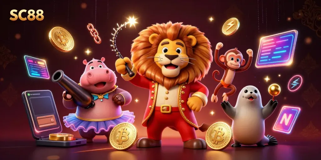 Engage in thrilling games at SC88 online casino while surrounded by vibrant characters and cryptocurrency elements.