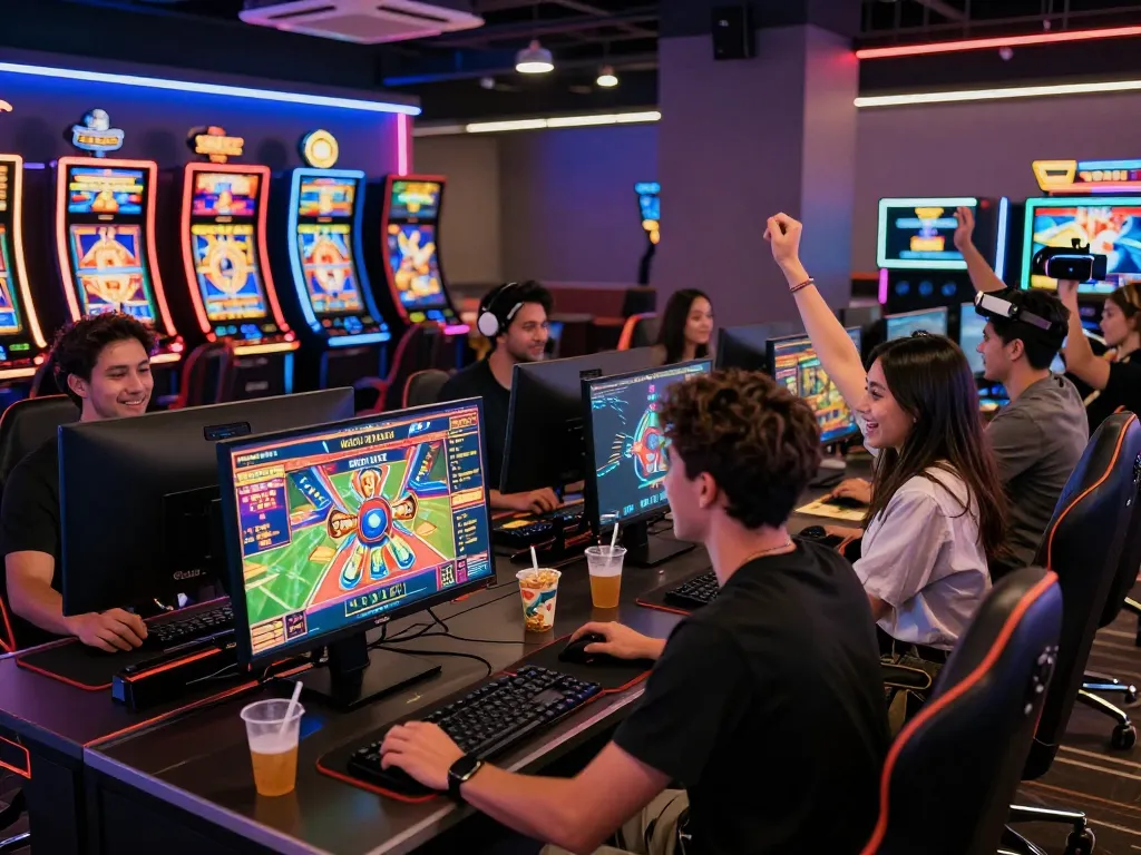 Celebration of a win at gem88 online casino with friends in a vibrant gaming environment.