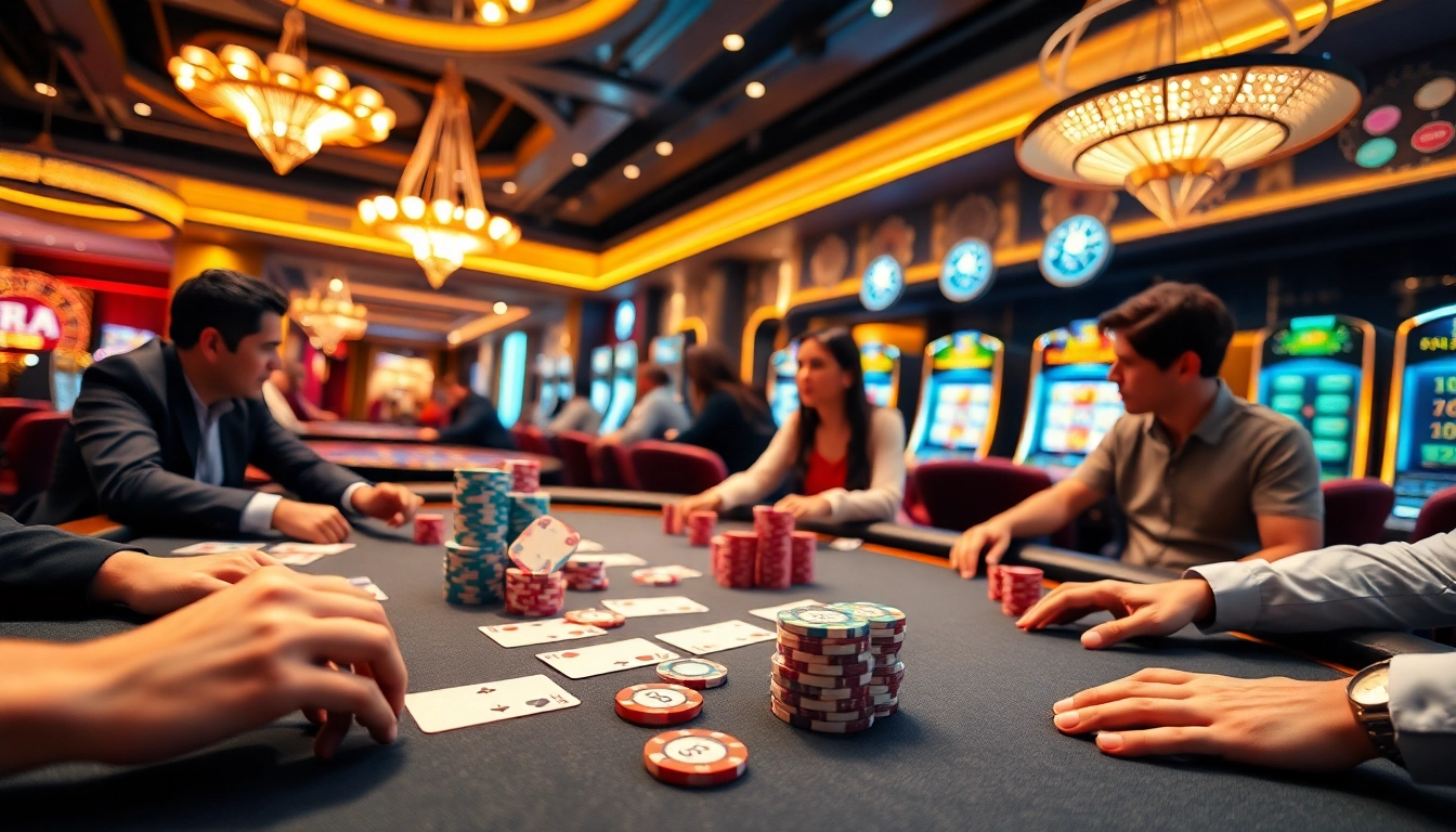 Players enjoying a poker game at https://cm888.mobi/, surrounded by colorful chips and a bright casino atmosphere.