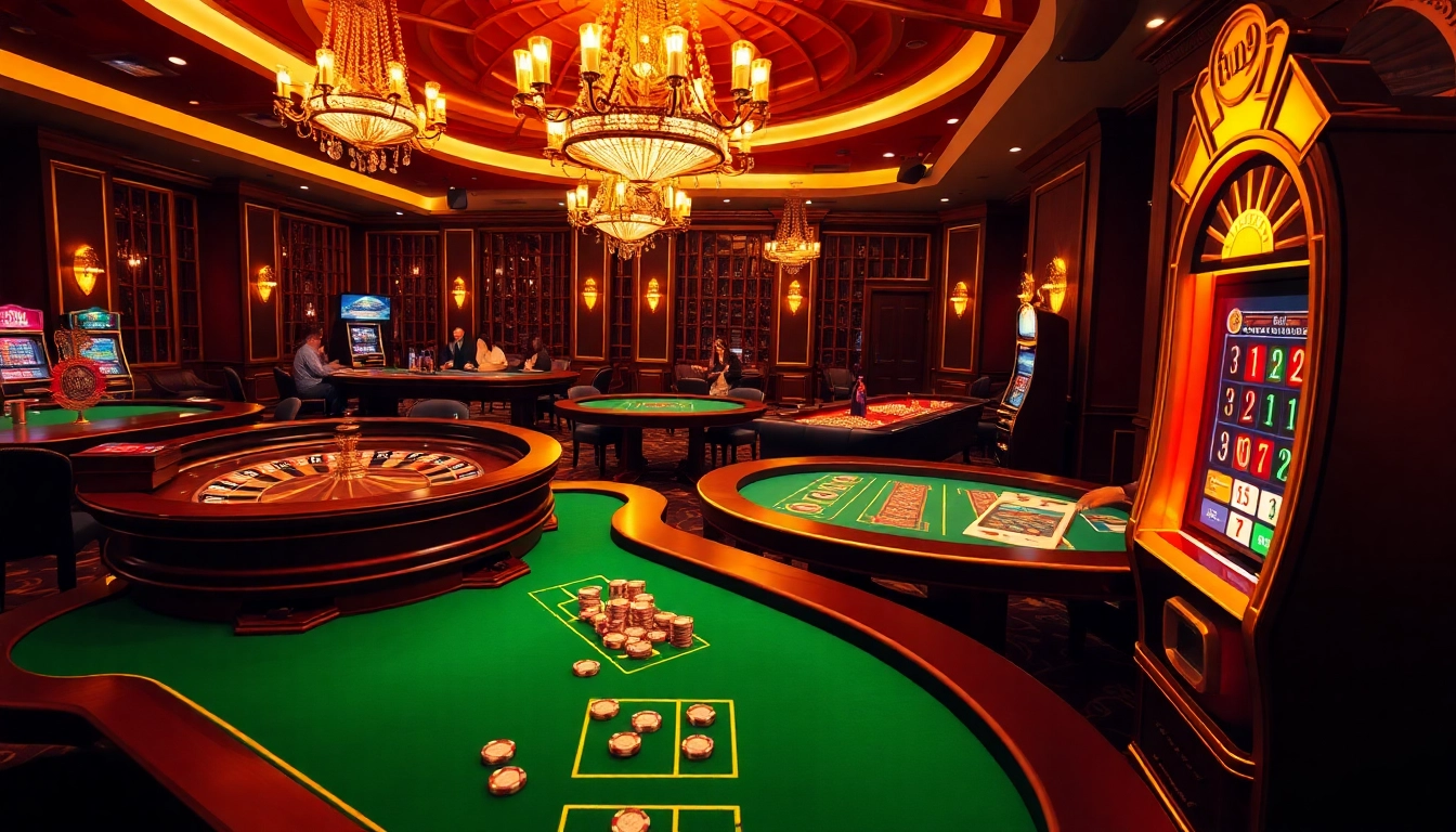 Players enjoying an exciting gambling experience at fun79 casino tables with vibrant poker chips.