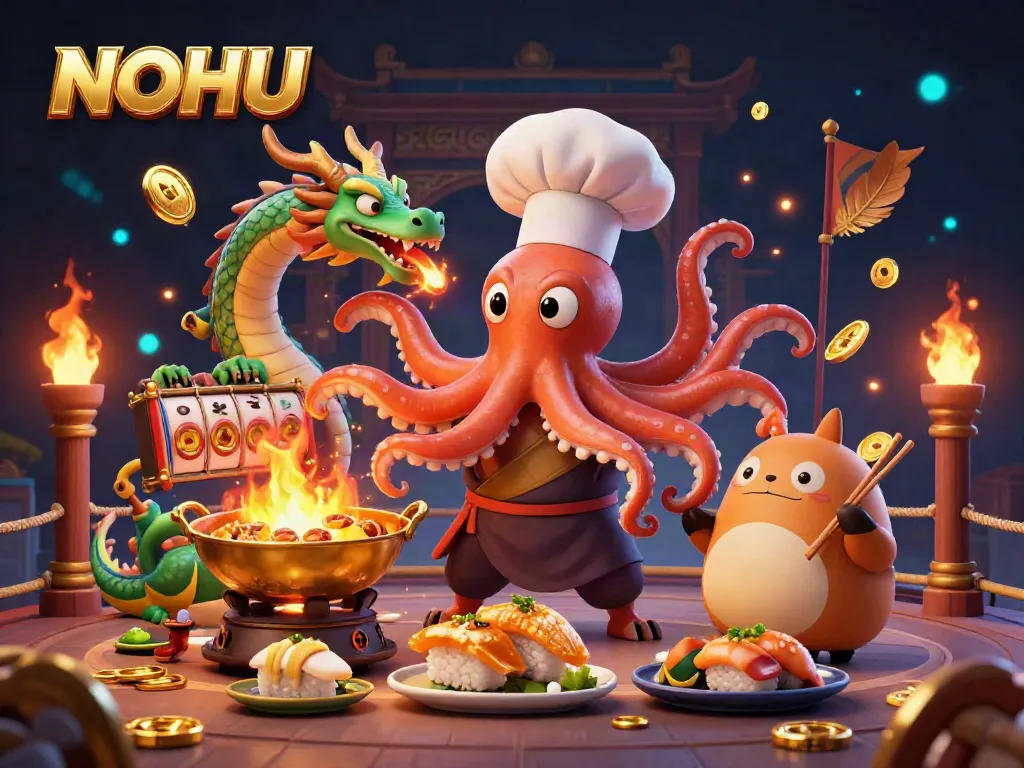 Experience the thrill of NOHU with a dynamic 3D casino scene featuring an octopus chef and a dragon.