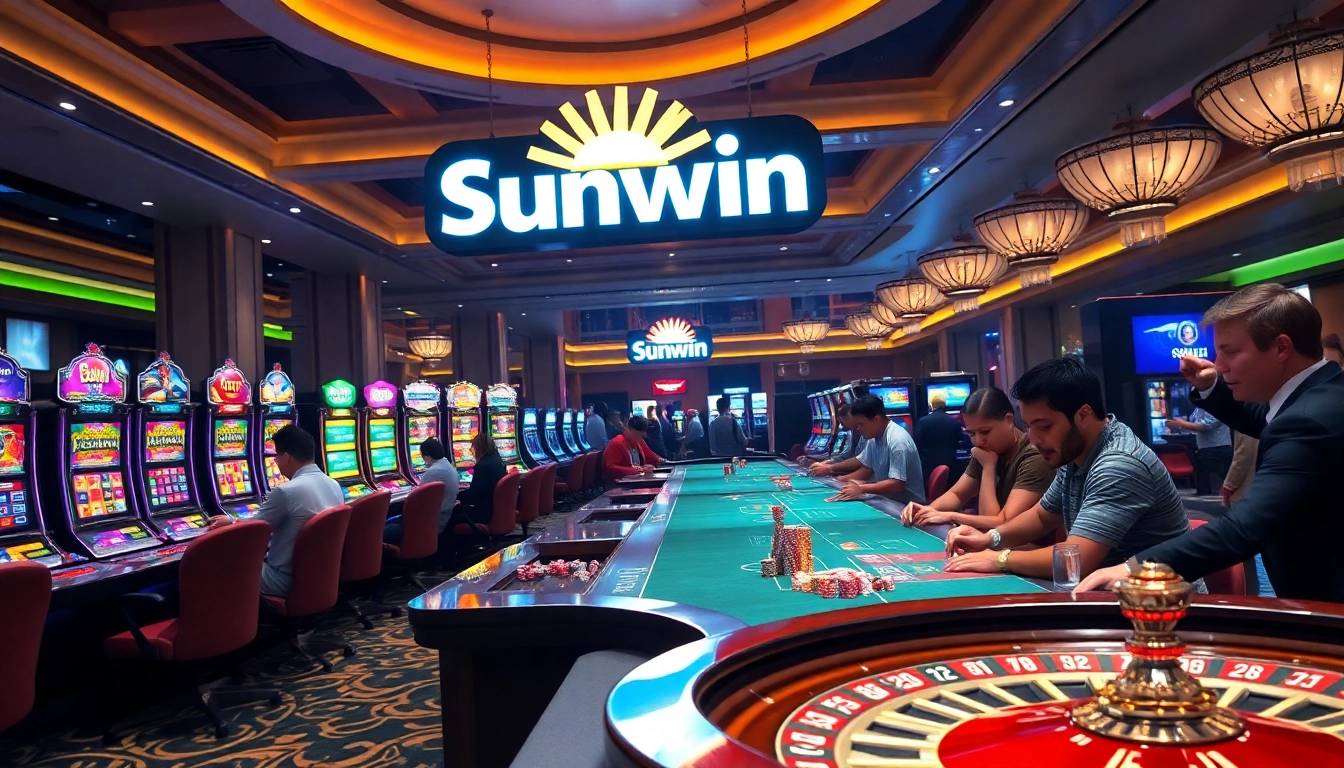 Exciting high-stakes gameplay at Sunwin casino, showcasing vibrant slot machines and poker action.
