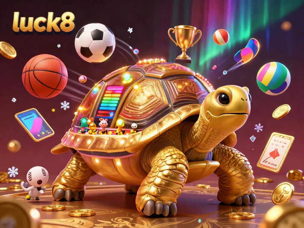 Experience the thrill of luck8 with vibrant casino-style gameplay featuring a golden tortoise pinball, sports elements, and animated excitement.