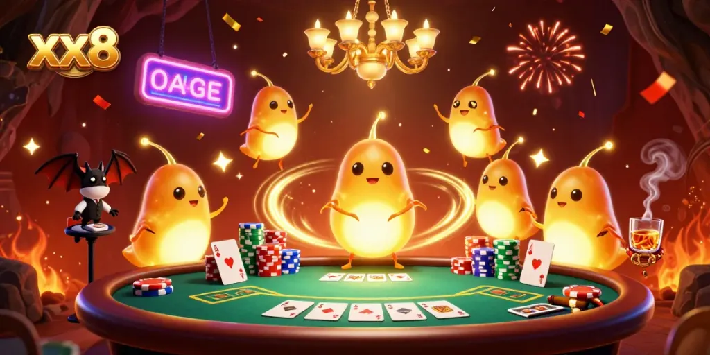 Illuminate your gaming experience at xx8 casino with playful glowworms lighting up the tables.