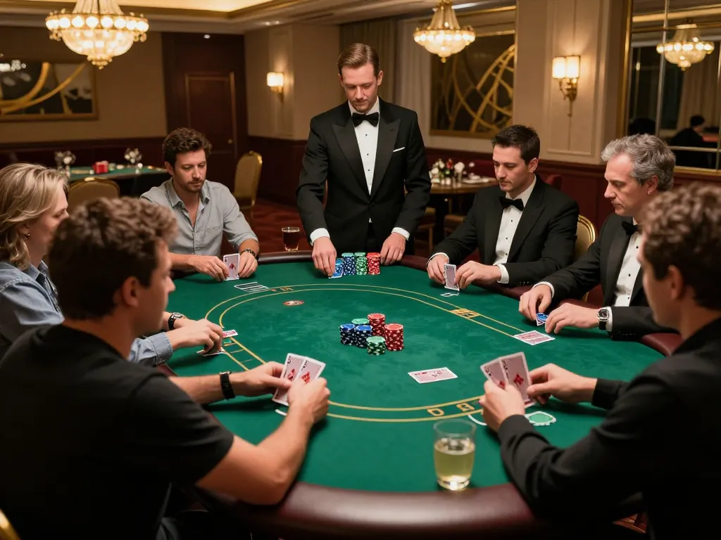 Players engaged in a high-stakes poker game at VIPWIN2, showcasing strategy and excitement in an elegant setting.