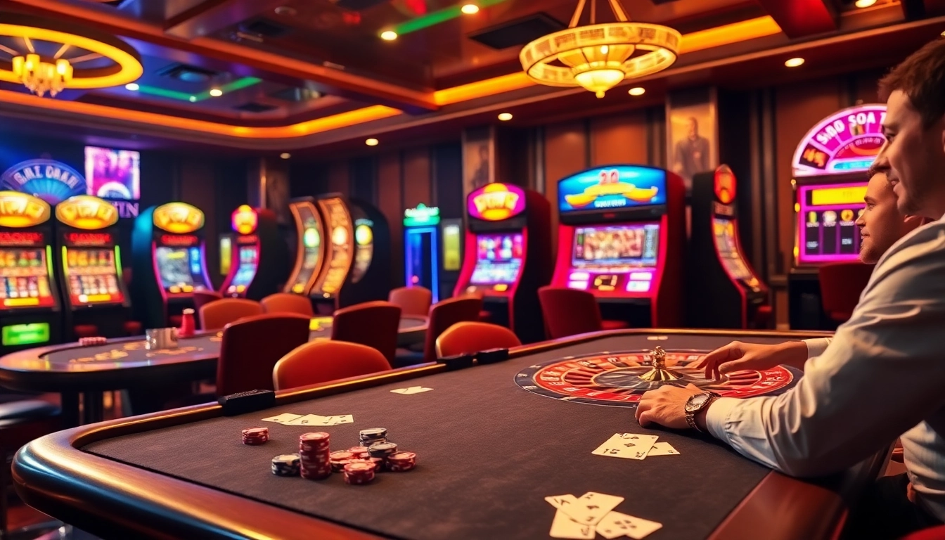 High-stakes action at SODO CASINO with vibrant poker games, roulette, and slot machines.