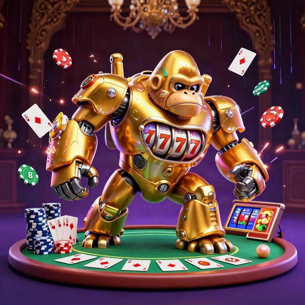 Golden gorilla mech with monkey pilot amid chips, cards, purple neon energy and spinning slot reels.
