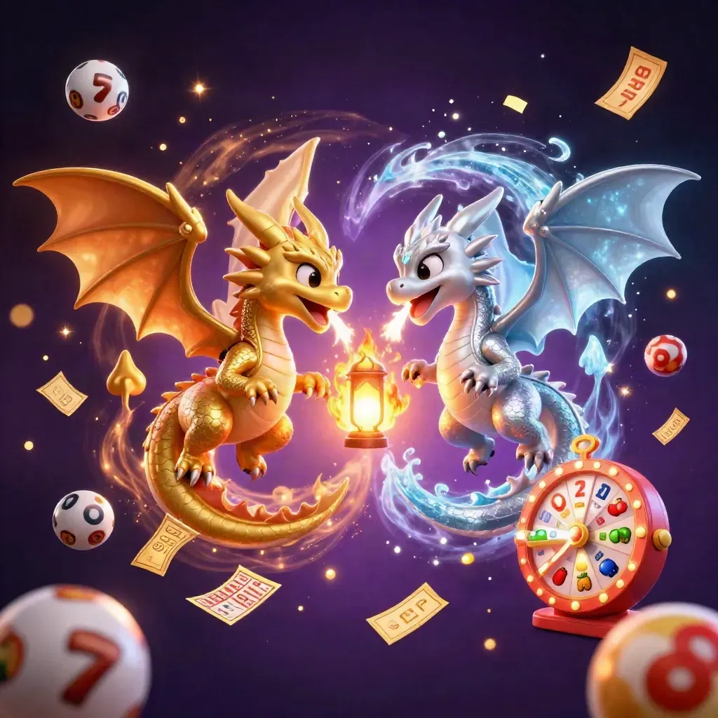Gold and silver dragons swirl with fire, ice, lottery balls and casino glow