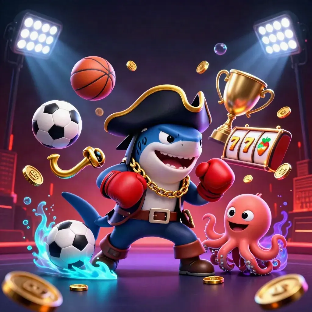 Shark pirate, boxing pufferfish, and juggling octopus amid casino-sports effects.