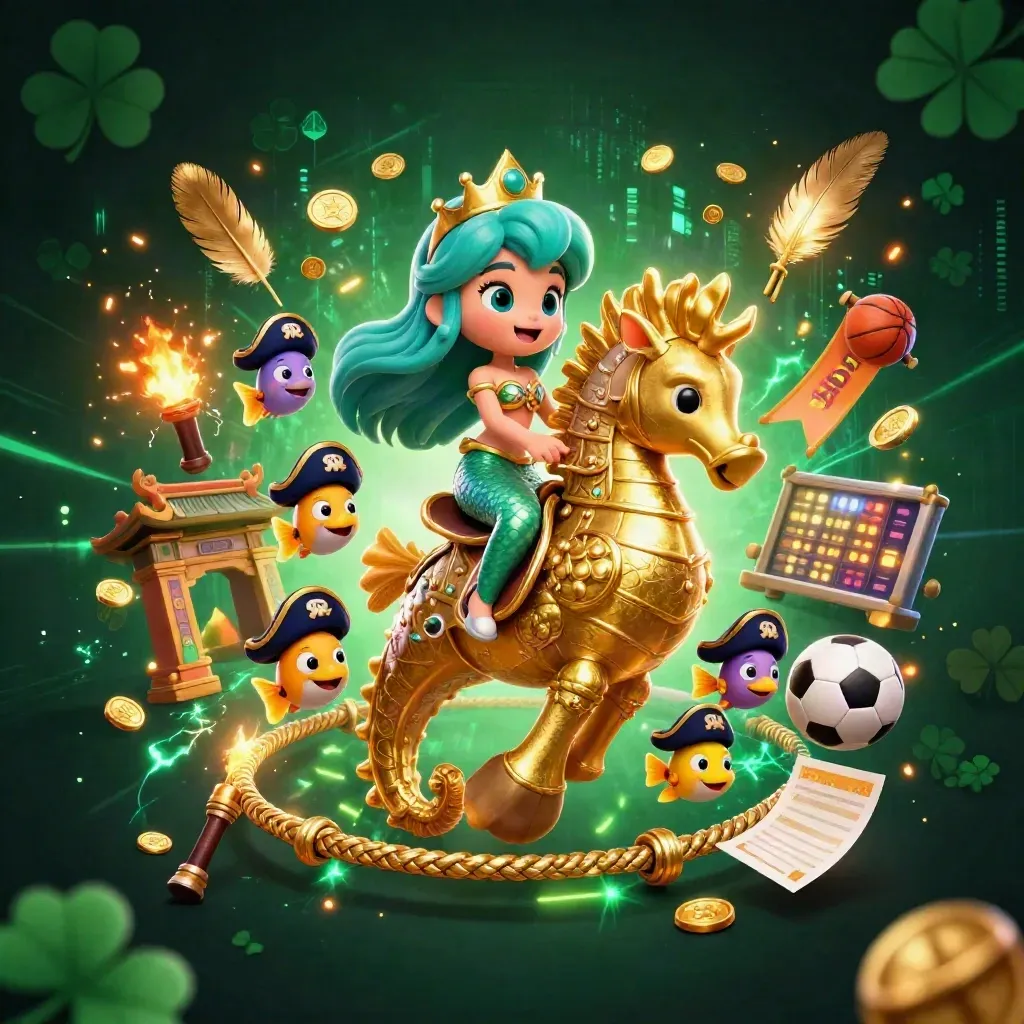Mermaid princess on a golden seahorse with pirate fish, coins, temple gate, and neon casino glow.