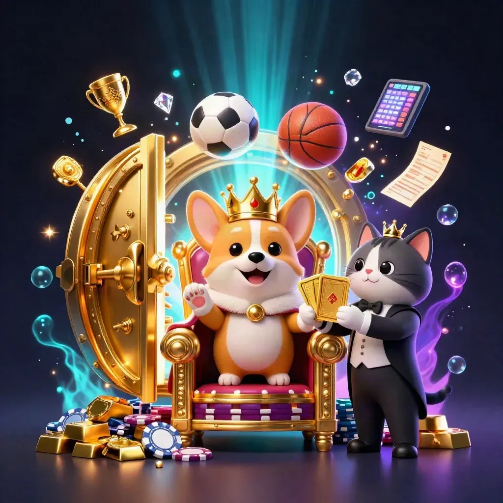 Royal corgi and cat butler amid vault gold, sports props, and neon casino glow.