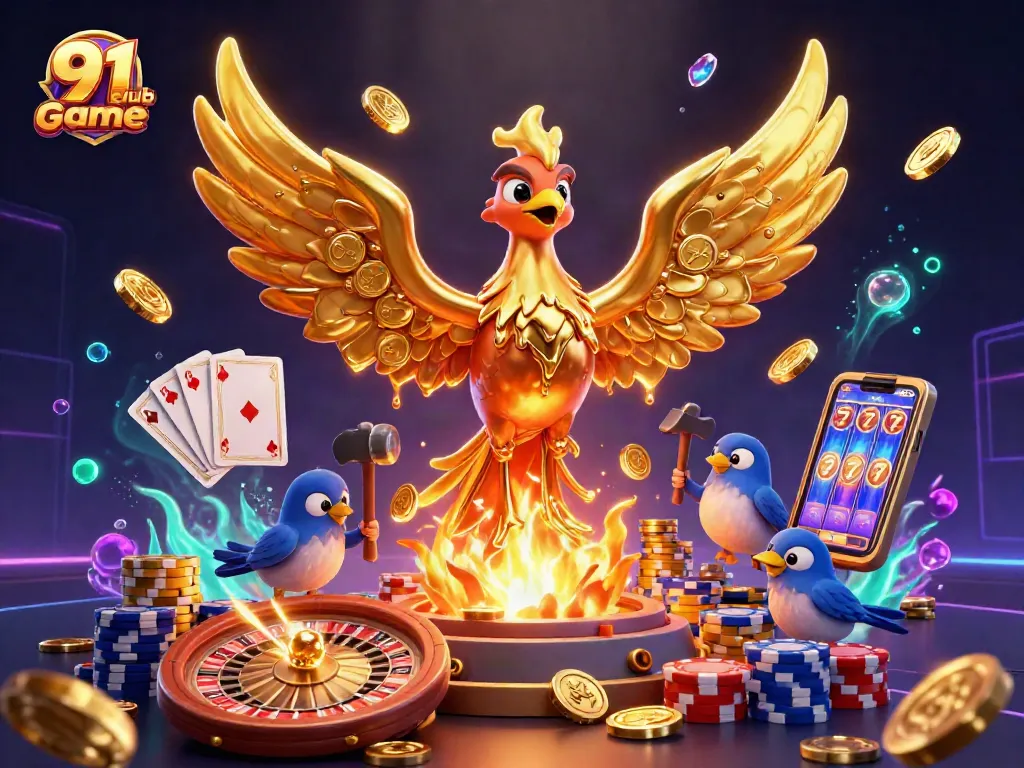 Engage in the thrilling 91 club game with vibrant visuals of a golden phoenix, casino elements, and gaming excitement.
