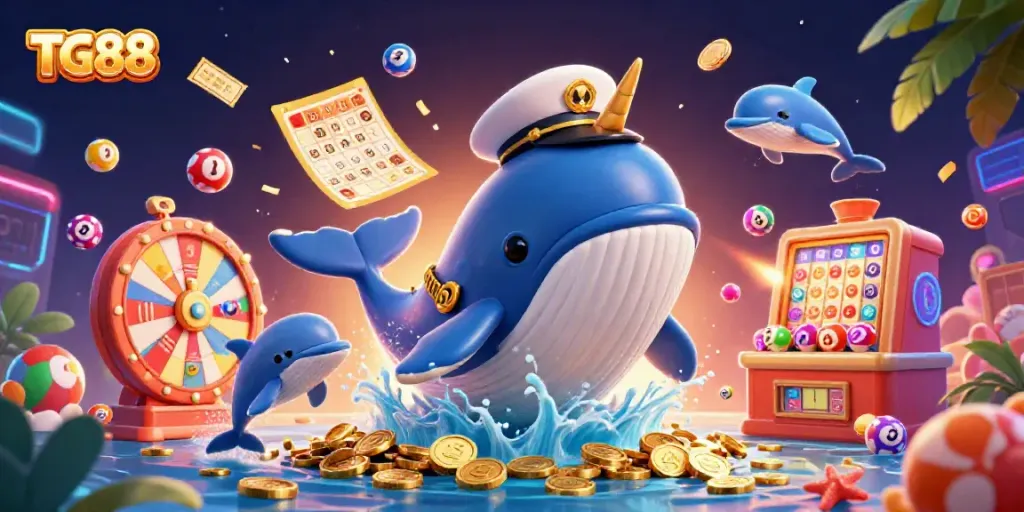 Experience thrilling moments at TG88 with playful dolphins, a captain whale, and vibrant casino elements.