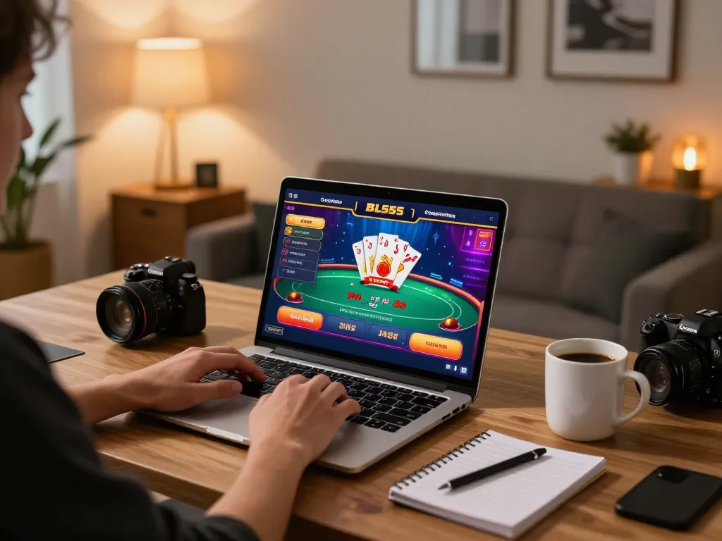 Engaged in online gaming on the BL555 platform, showcasing laptop with vibrant casino graphics.