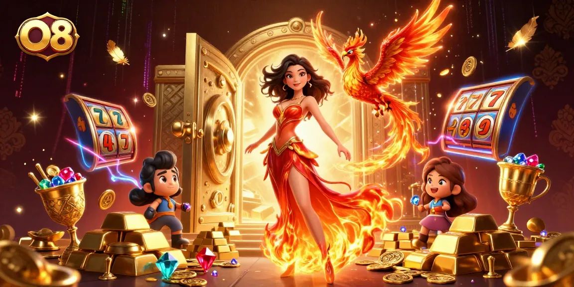 O8 showcases a stunning Asian woman amid slot machines and shimmering treasures.
