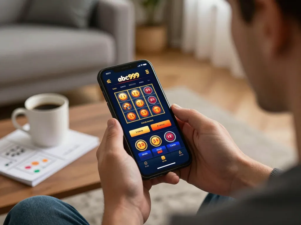 Player engaged with the abc999 betting app in a cozy home setting, enjoying responsible gaming.