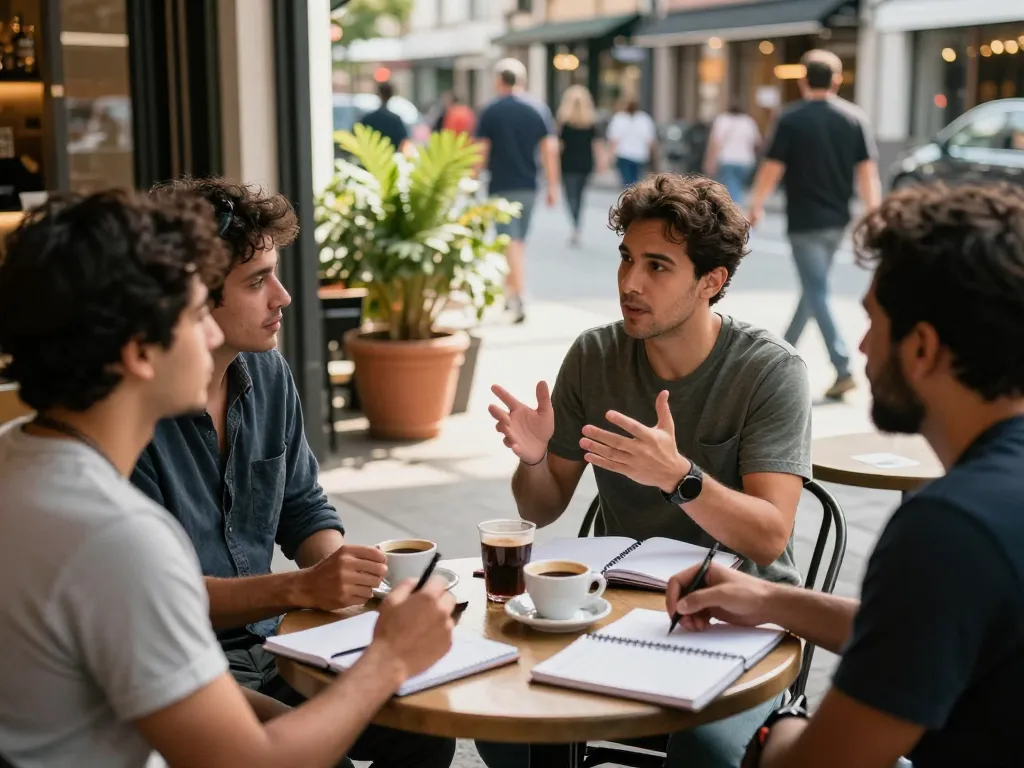 Engaging discussion among men at café, showcasing manclub camaraderie and support.