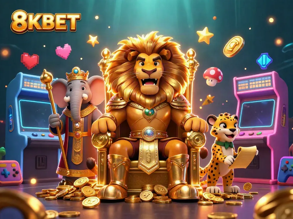Khám phá sảnh trò chơi 8KBET với sư tử vua huyền bí, voi cố vấn và báo đưa thư trong một bối cảnh tuyệt đẹp.