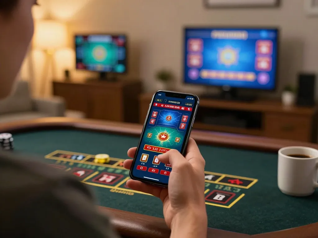 GG88 player engaging with live dealer blackjack on smartphone in a cozy home setting