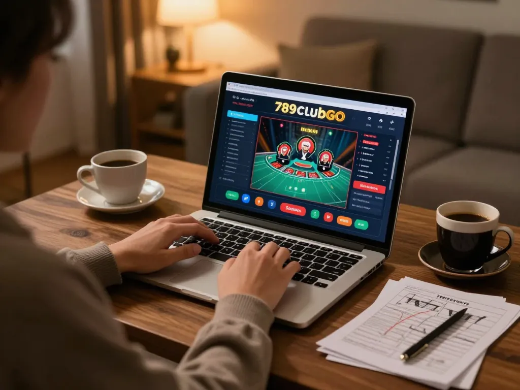 Player enjoying an online game on 789clubgo, surrounded by strategy notes and coffee in a cozy setting.