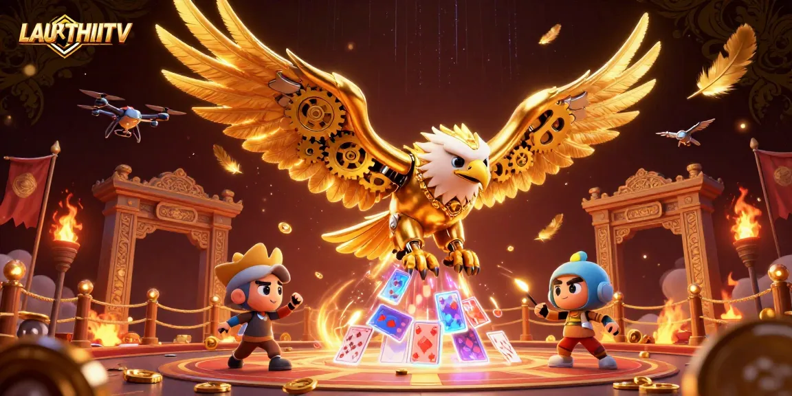 LAUTHAITV showcases a spectacular sports betting scene with a cybernetic eagle amidst holographic cards.