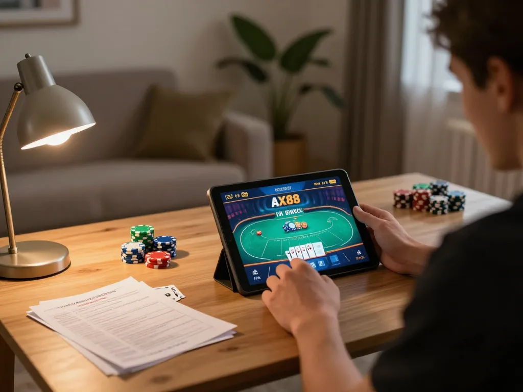 Engaged gambler playing AX88 online poker game on a tablet in a cozy home setting