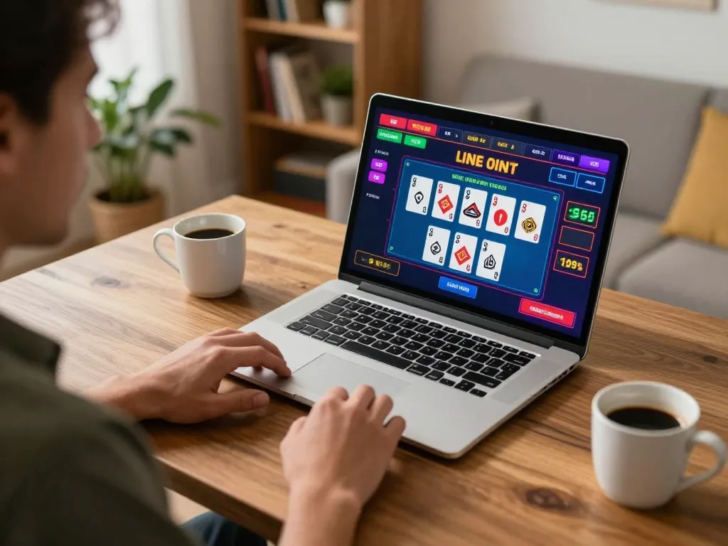 Engaging in online gaming at home with 68gamebaivn on laptop, showcasing vibrant game interface.