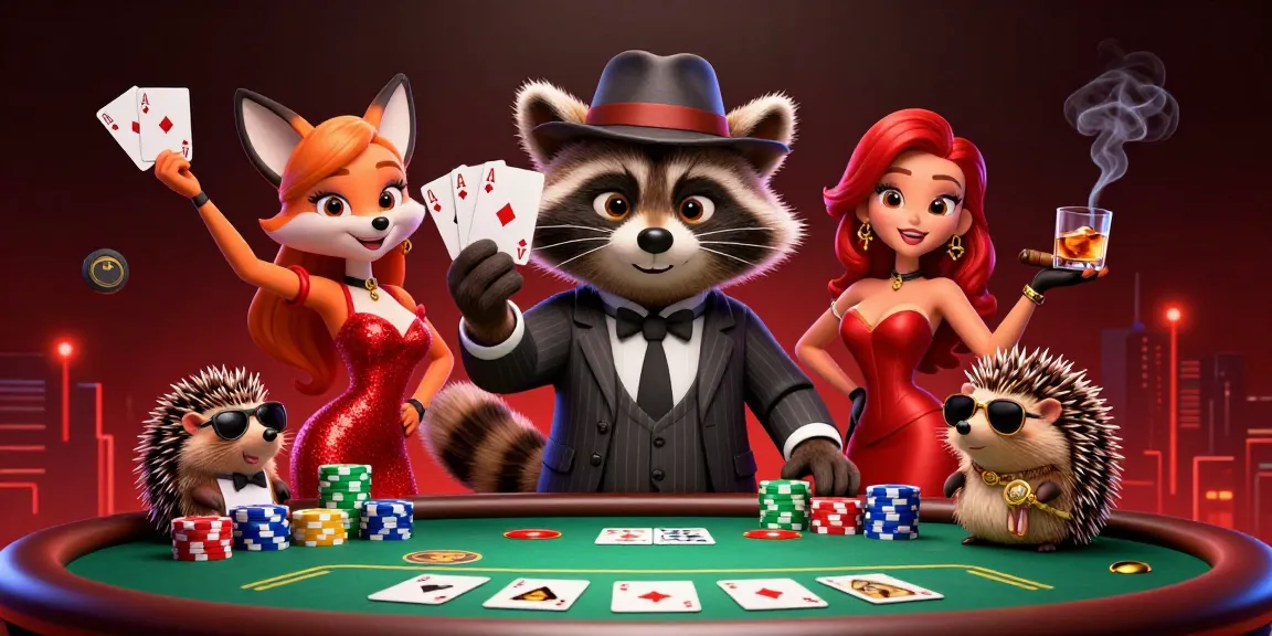 Experience the excitement of 33WIN as raccoon holds a royal flush at a vibrant poker table.
