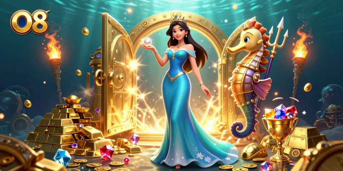 Engage in thrilling underwater adventure with O8 while discovering shimmering treasures in this vibrant casino scene.