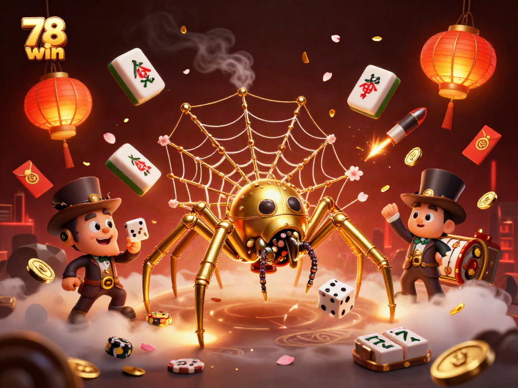 The 78 win illustration showcases a steampunk spider amidst a rich casino scene, capturing luck and excitement in gambling.