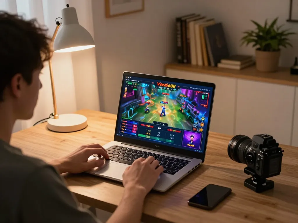Immerse in Xocdia88 online gaming excitement with vibrant interface displayed on a laptop in a cozy home setting