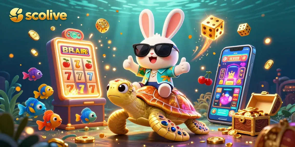 Socolive boosts excitement with a vibrant scene of a lucky rabbit and a golden turtle surrounded by dynamic casino elements.
