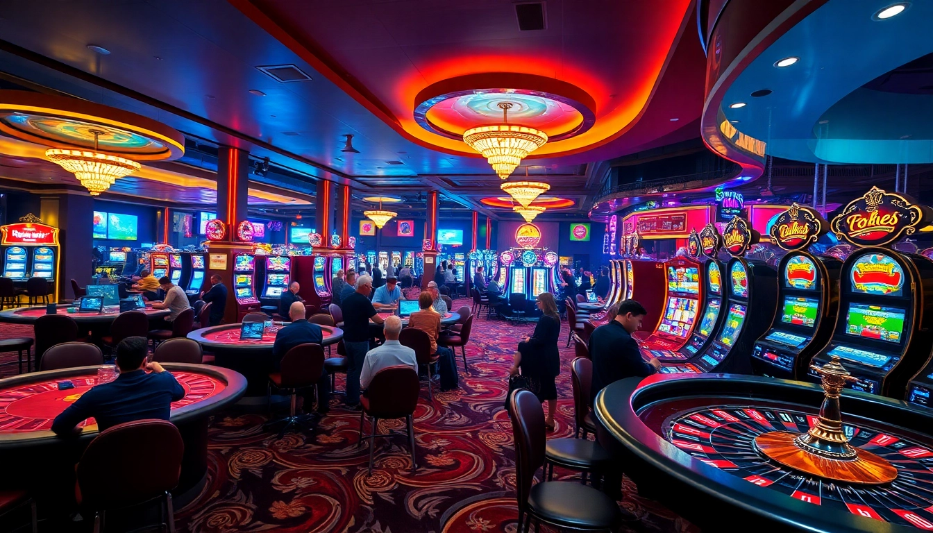 Gambling excitement portrayed with players and tables at a vibrant casino atmosphere, linked to https://net88.wtf/.