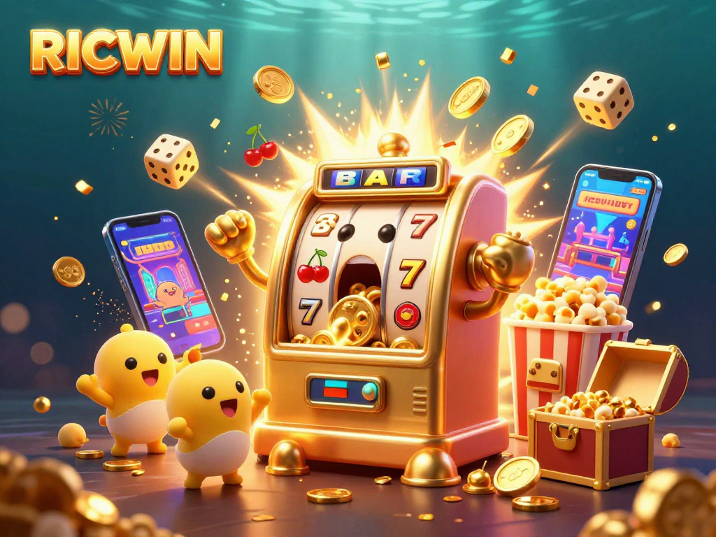 RICWIN showcases a vibrant jackpot scene with a golden slot machine celebrating wins amidst coins and excitement.