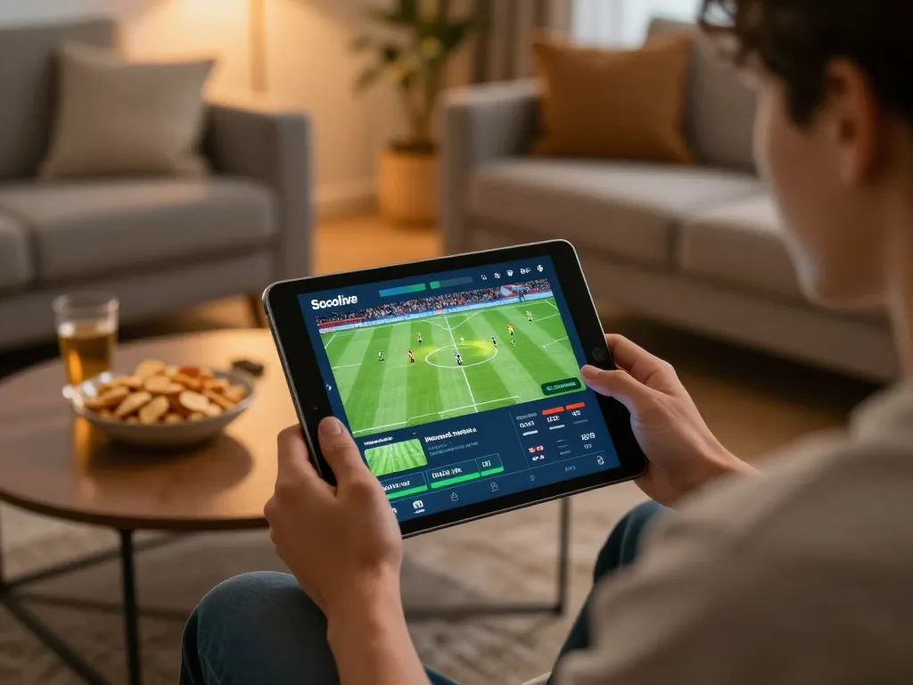 Socolive streaming sports betting on tablet in a lively home environment during an exciting match.