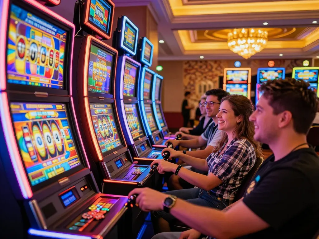 Players enjoying high-energy slot machine games at lc88 casino, vibrant action and excitement.