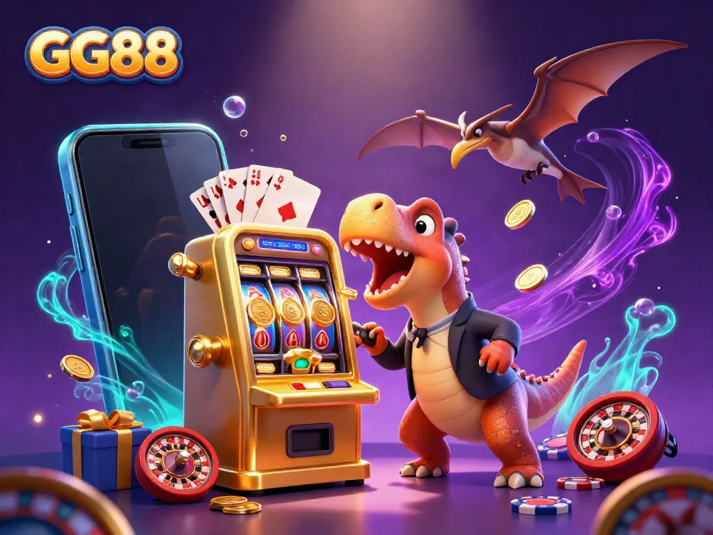 GG88 cartoon dinosaur interacts with a golden slot machine in a lively casino scene filled with gaming elements.