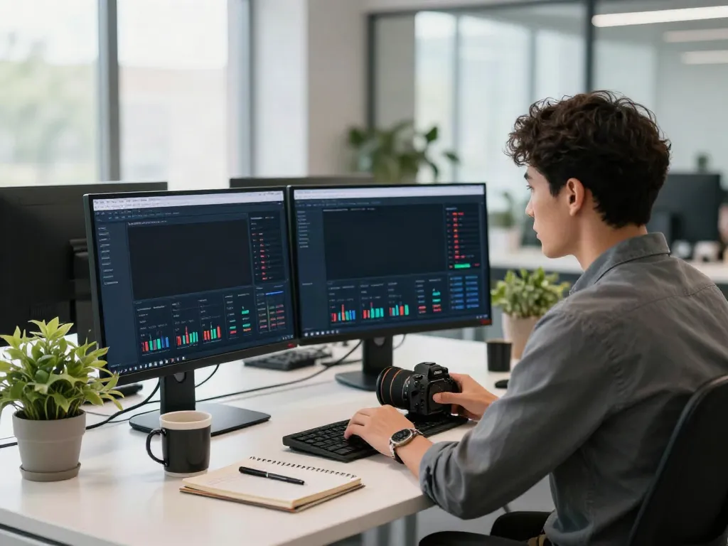 Digital marketing analyst utilizing instant indexing tools in a modern workspace