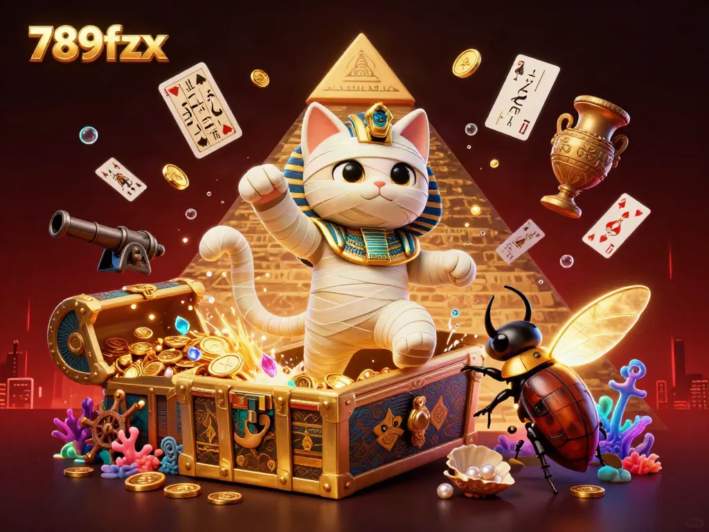 Experience the vibrant energy of 789fzx with this dynamic 3D illustration featuring an Egyptian mummy cat in a pyramid casino, capturing the excitement of casino games.