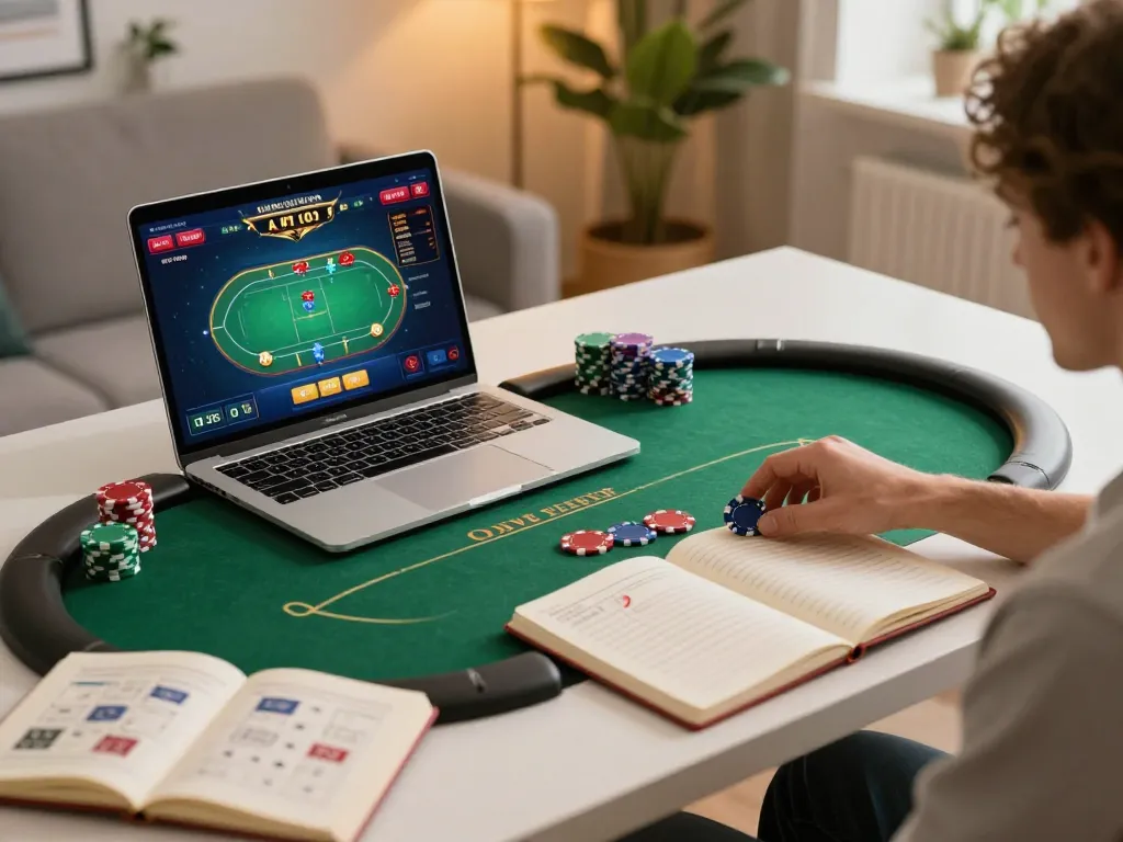 MMOO online casino gameplay with poker chips and strategic notes on a laptop