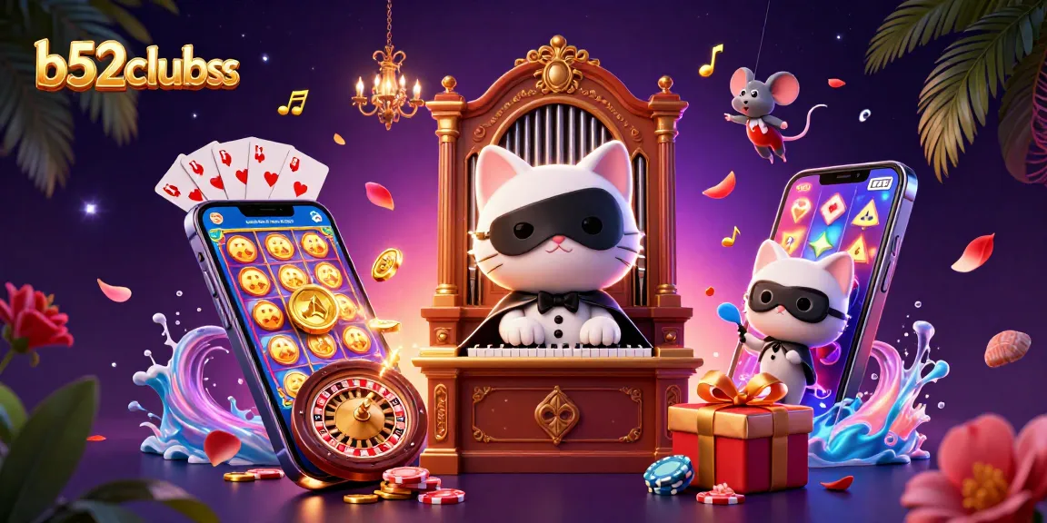 Experience the excitement of b52clubss with colorful slot games, golden coins, and captivating casino elements.