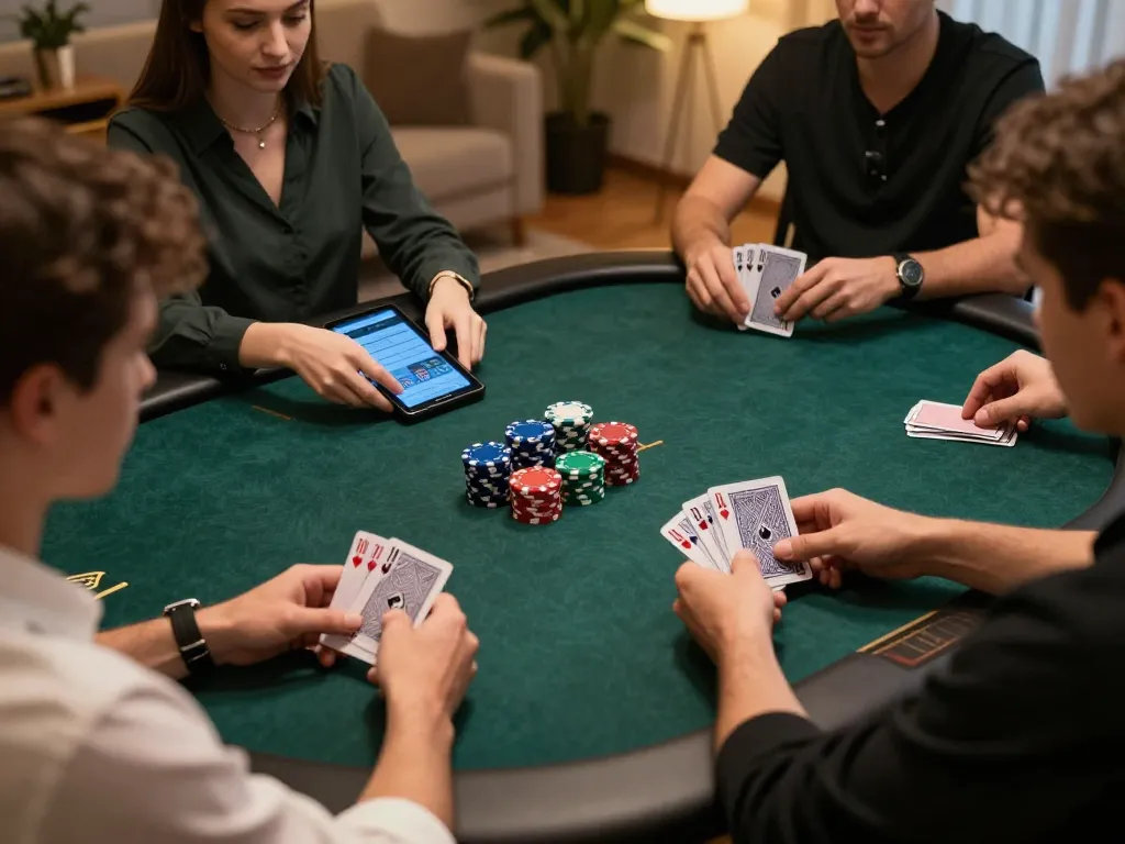 Players engaging in strategic poker gameplay at Au88 on tablets and smartphones in a cozy setting.