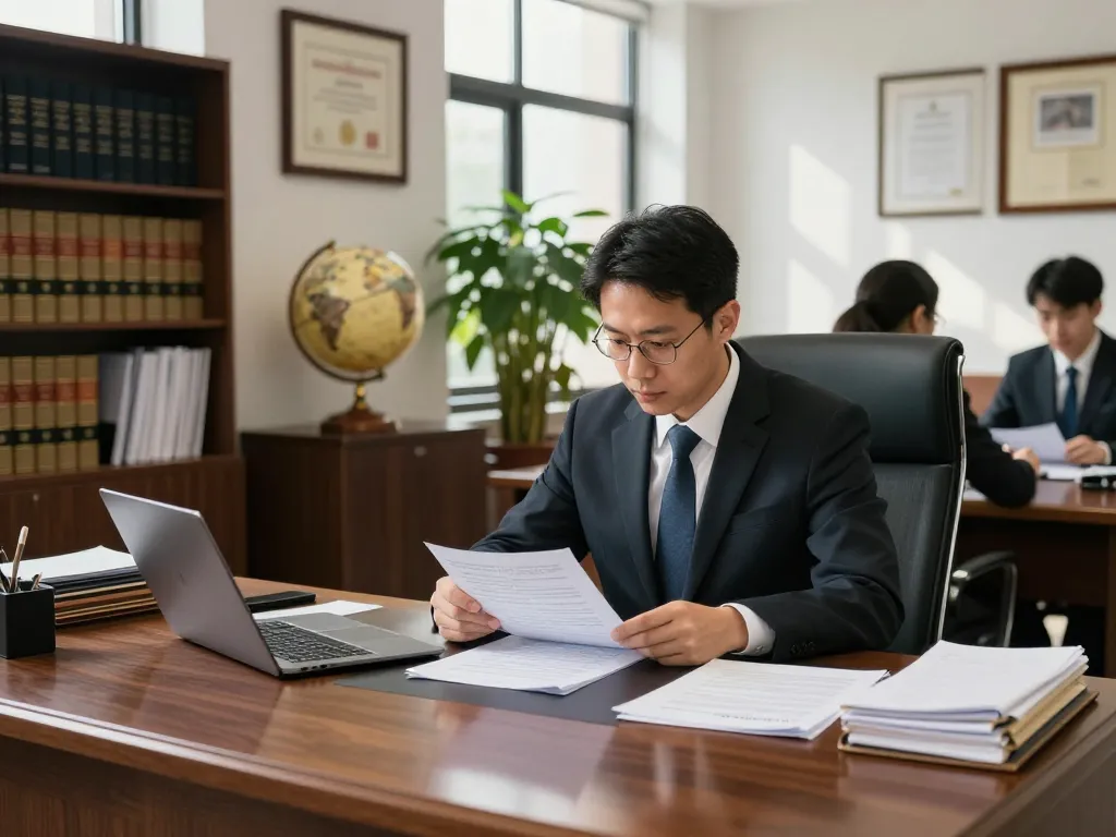 Lawyer reviewing documents in a professional setting at https://c168.date/ with legal books and natural light
