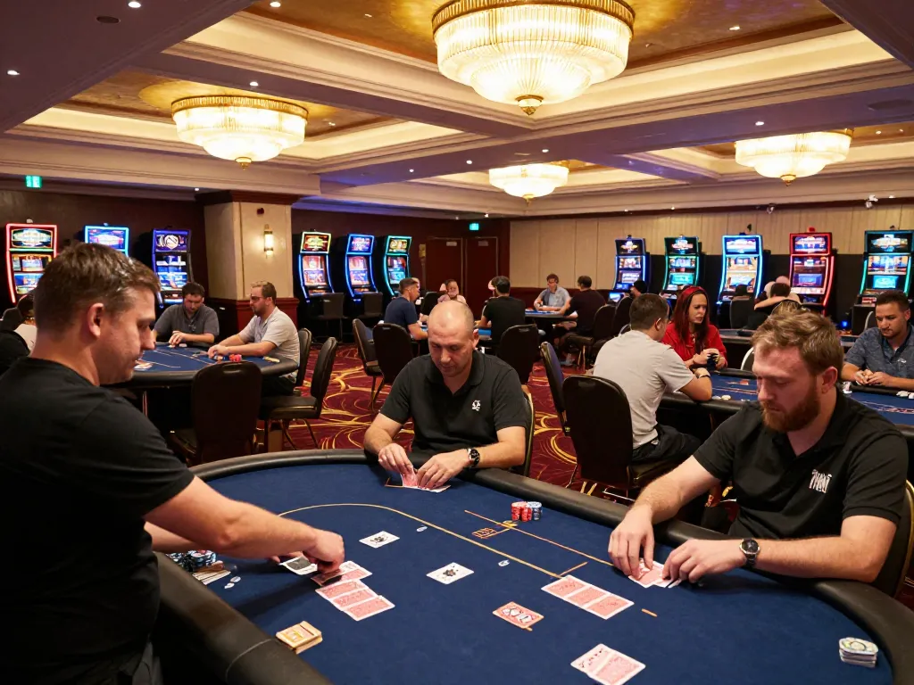 Experience thrilling vmax bet action at a vibrant casino with players at poker tables and engaging ambiance