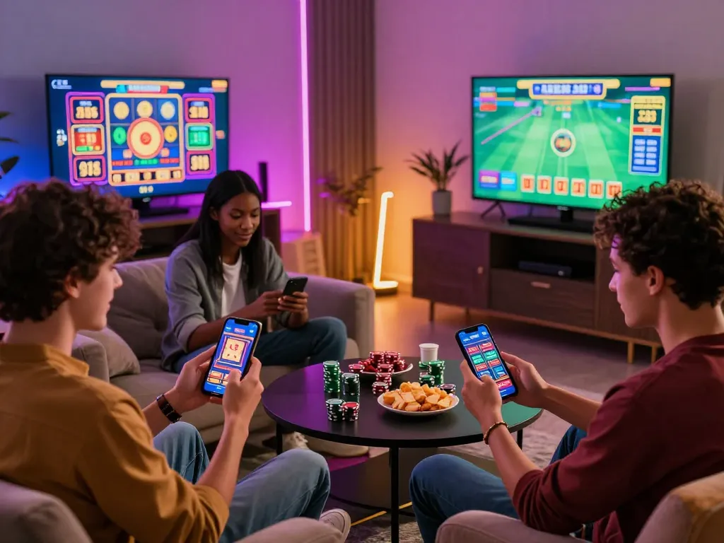 Engaging friends enjoying Nhà cái TR88 mobile casino games in a vibrant living room setting with neon lights.