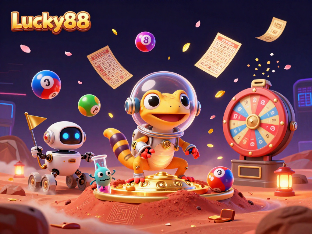 Engage with Lucky88 through vibrant casino elements in a dynamic Mars setting with animated lottery activities.