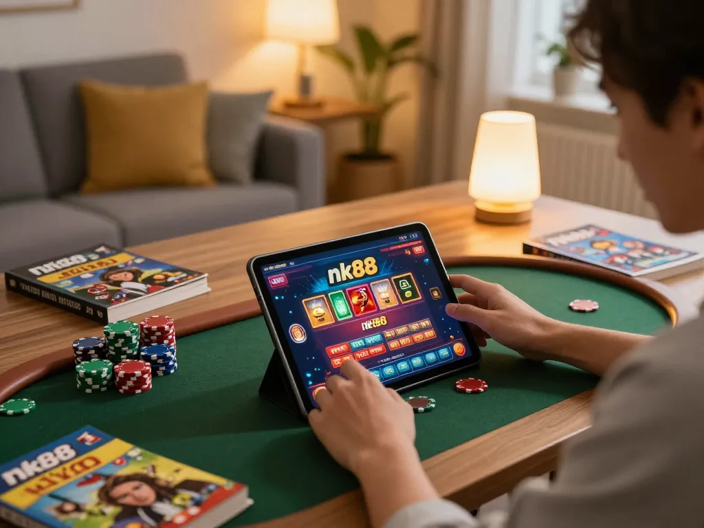Engaging with nk88 casino app on tablet in a cozy home setting, showcasing responsible gaming habits