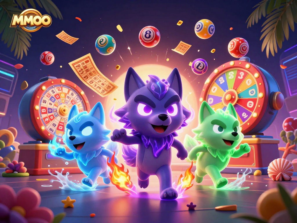 Experience thrilling lottery excitement with MMOO's vibrant jackpot scene featuring enchanted wolves.