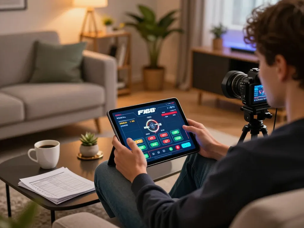 Player engages with F168's online casino app, showcasing dynamic betting actions in a cozy home setting.