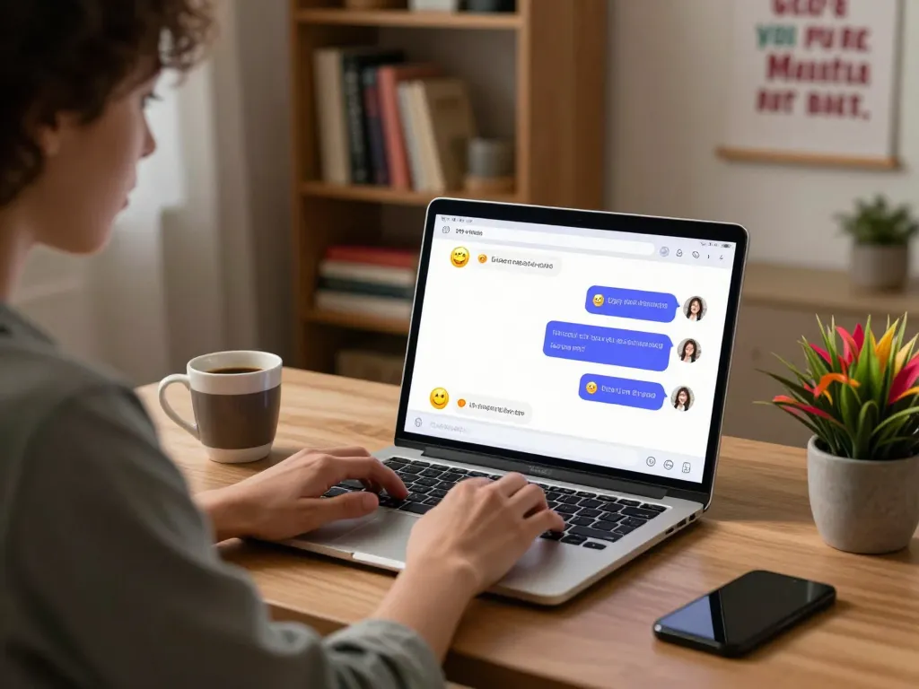 Engaging in an AI sex chat on a laptop in a cozy home office, highlighting modern digital interactions.